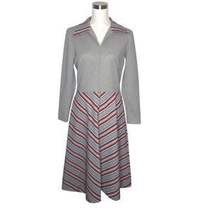 VINTAGE 60s 70s Bleeker Street Gray Striped Long Sleeve Midi Dress Med Mad Men